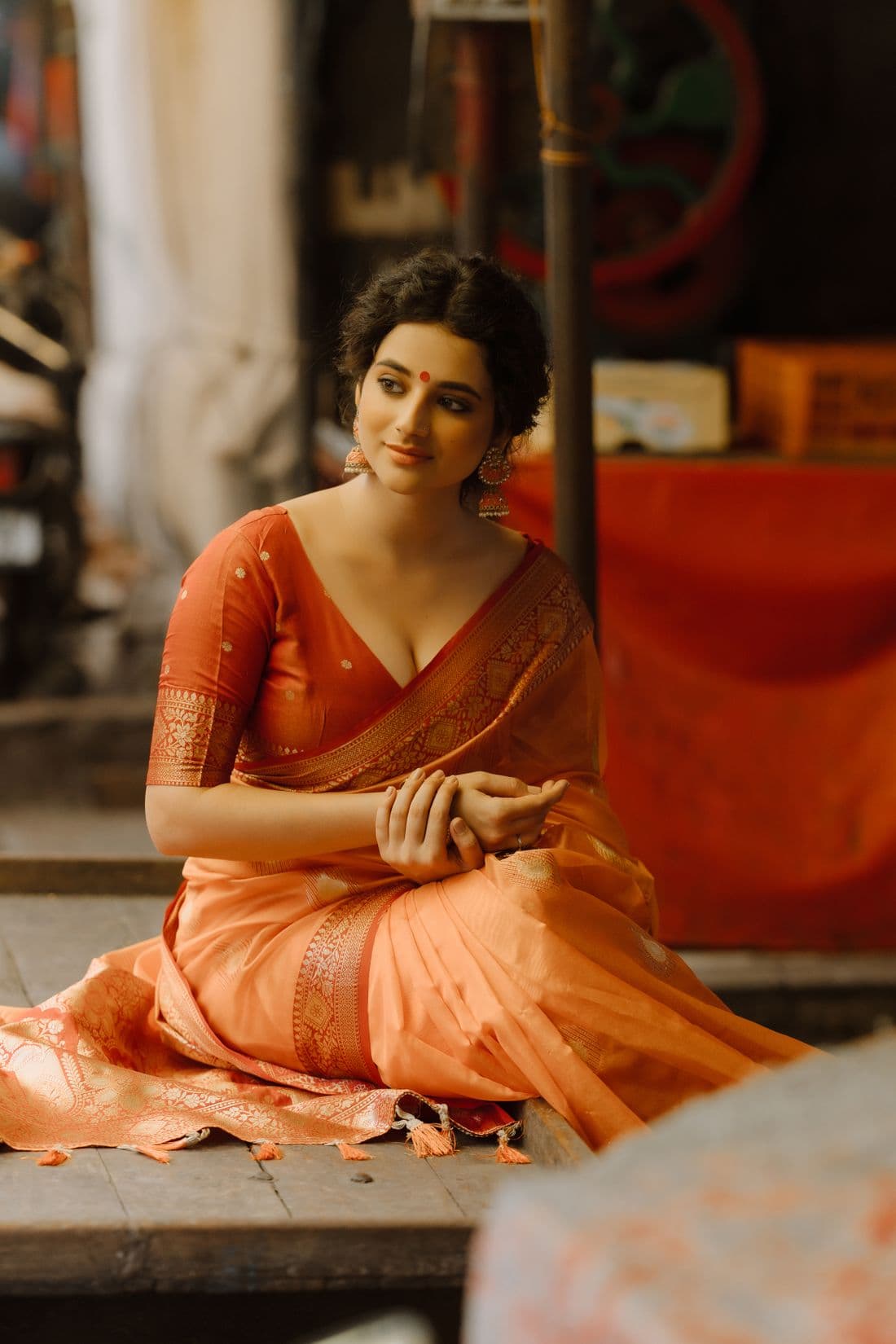 Peach Coral Banarasi Silk Saree | Gold Zari Border & Butti