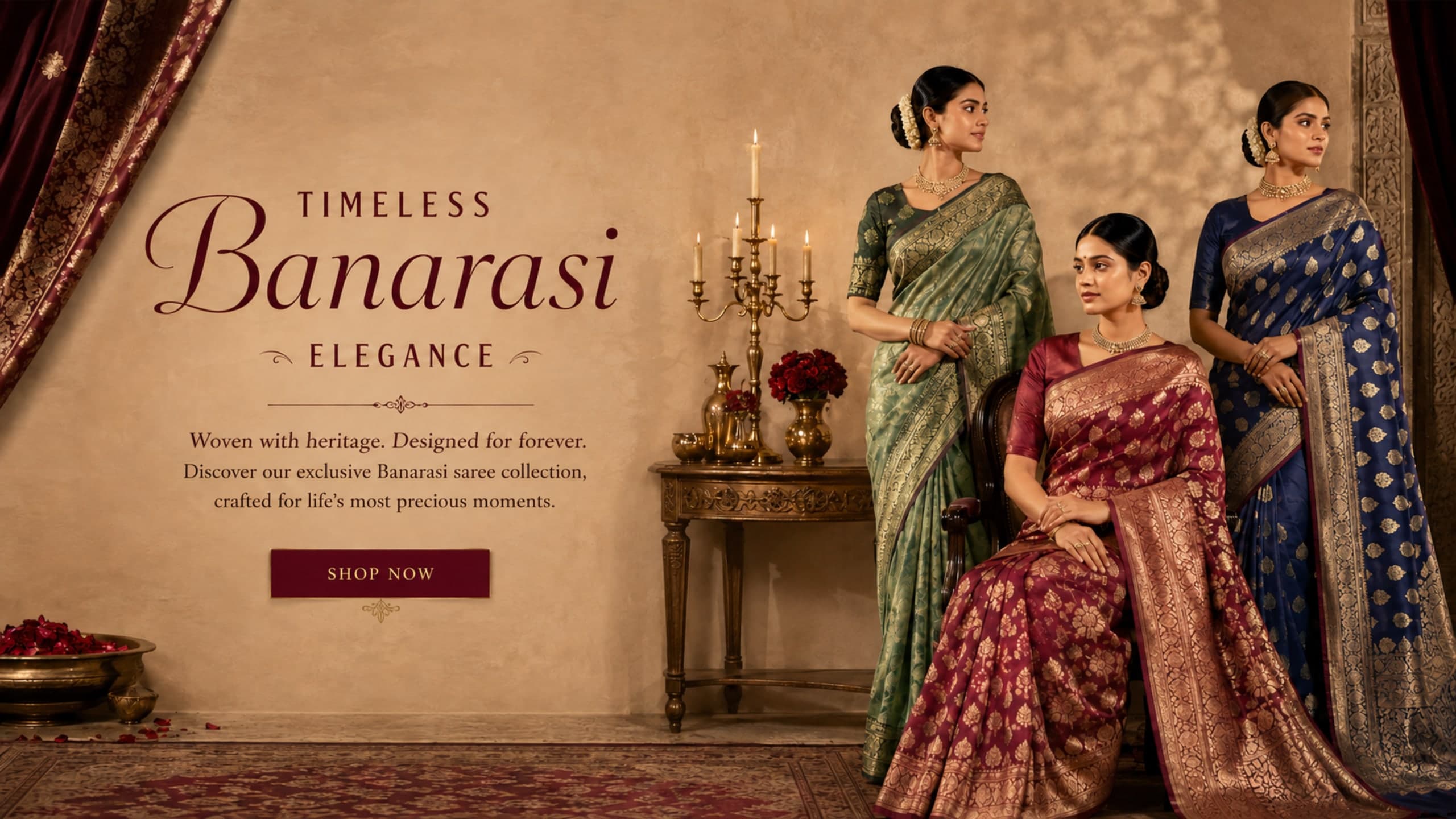 Timeless Banarasi Elegance — woven with heritage, designed for forever. Discover our exclusive Banarasi saree collection, crafted for life's most precious moments.
